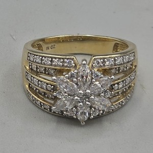 Authentic Sterling Silver 925 Gold Plated Cubic Zirconia Flower Cocktail Ring US 7.25
