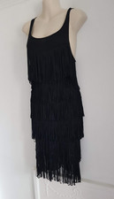 Mango Black Tassled Mini Dress, UK Size 10 Fringed Stretch Dapper