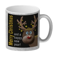 Rentier Motiv Und Spruch Glitzer-Kaffeebecher In Schwarz Zum Thema Weihnachten