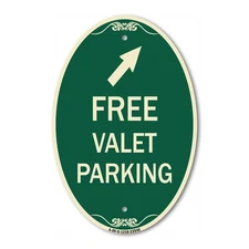 Free Valet Parking with Upper Right Arrow 12" x 18" Green Aluminum Oval Sign