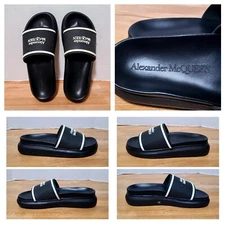 $450 Alexander McQueen Logo Embossed Slides Sandals Mens Black/White 40EU US 7US