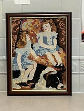 Arazzo vintage 2 ragazze con cane arazzo artistico da appendere a parete 17,5”x 13” incorniciato
