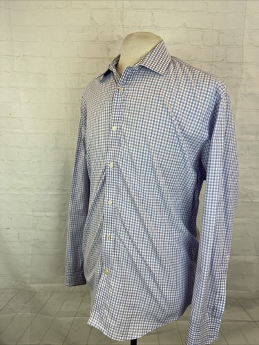 SLIM Black Brown 1826 Men's Purple Blue Plaid Cotton Dress Shirt 17.5 - 36 $98 - Picture 3 of 8