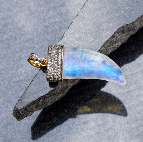 Natural Pave Diamond 925 Sterling Silver Rainbow Moonstone Gemstone Horn Pendant - Picture 4 of 4