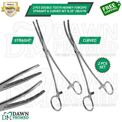 2 Pcs Double Tooth Heaney Forceps Straight & Curved Set 8.5'' OB/GYN German Grade