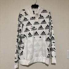 Adidas Mens Hoodie Sweatshirt White All Over Print Kangaroo Pocket Logo XL New