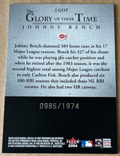 JOHNNY BENCH 2004 FLEER GREATS Glory Of Their Time Ser# 986/1974 NM-MT Condition - Picture 2 of 2
