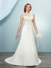 Moda Bella Satin 10 Wedding Dress A-line Lace Beading Sheer Back Train 3Y632