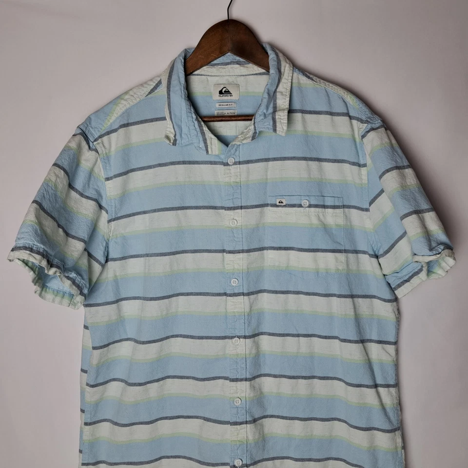 Quiksilver Shirt Mens XL Regular Fit Blue White Button Up Short Sleeve Striped - Image 2 of 4