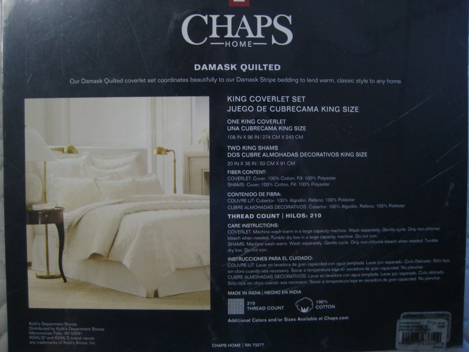 CHAPS Home Damask Quilted KING Coverlet Set, Slate, 210 Thread Count *new (READ) - Image 3 of 4