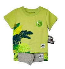 Jurassic World Dinosaur Toddler Boy Shirt Short Set 2 Pc Outfit Green Gray 18M