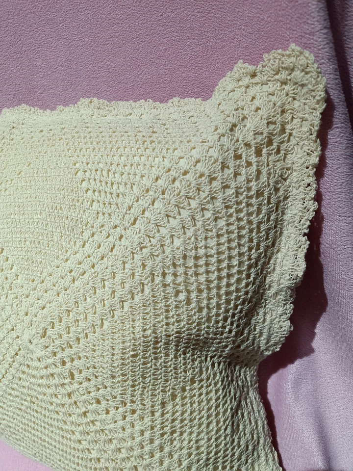 Hand made Crochet Beige Cotton Cushion Cover 16" x 16" Cottage Core Shabby Chic - Image 2 of 4