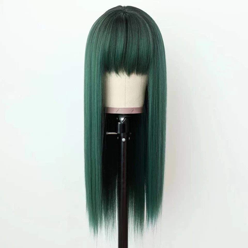 Pelucas Verdes Ombre Flequillo Largo Recto Mujeres Fibra Sintética Cabello Fiesta Foto 3 de 4