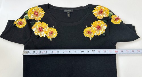 NWOT ESCADA Knit Short Sleeves Top Small Black Gold Embroidered Flowers Beaded - Picture 7 of 16