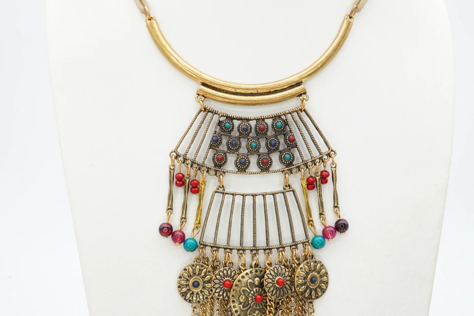 Collar Tono Dorado Cristal Cuentas Borla Cuero Cordón 22" Foto 4 de 4