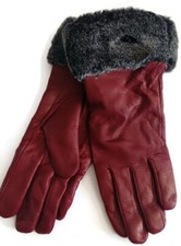 Women's Gray Fur Cuff  Red Leather Gloves, Large