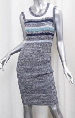 $1655 NEW Chanel Fitted Gray Blue Lurex Stretch Dress Crystals Pearls CC  LOGO 40 | eBay