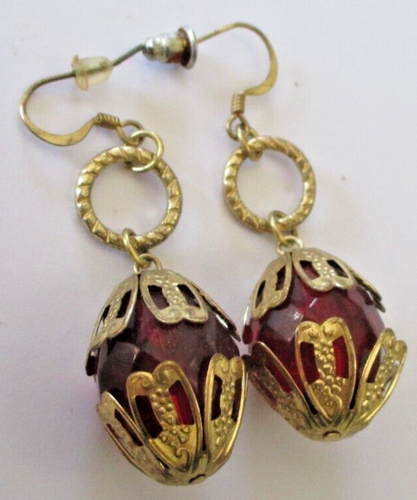 Boucles D'oreilles Percées Vintage - Or Et Perle Ambrée Jaune, Style Ancien 1732