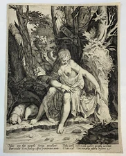 Old master engraving A. Sadeler Flemish ca. 1600 Mythology Nymph Syrinx Pan