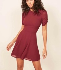 REFORMATION Dress Women's 2 Garnet Red GRACIE Ruched Sleeve Fit Flare Viscose