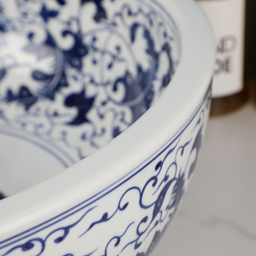 18" Round Bathroom Vessel Sinks White And Blue Ceramic Basin Bowl Faucet Drain - Picture 11 of 16