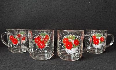 4 Vintage Luminarc Christmas Mugs Poinsettia in Bsket Design Clear Glass Cups