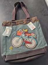 New Chala WORK TOTE Crossbody Pleather Bag BICYCLE Blue Stripes Large gift