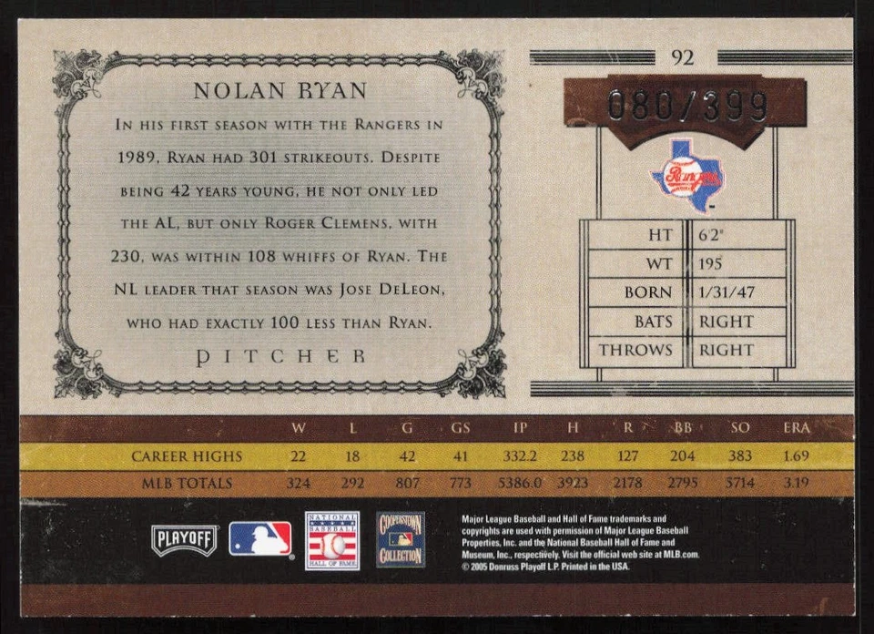 Nolan Ryan 2005 Playoff Prime Cuts #92 #/399 - Texas Rangers - Image 2 of 2