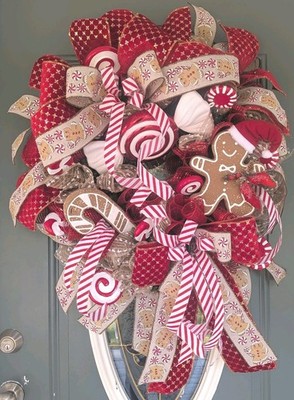 Gingerbread Man Christmas Front Door Wreath 28'' Peppermint Accents 