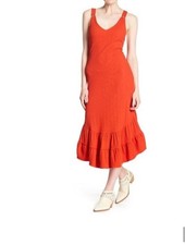 Free People Orange Ribbed Midi Dress Sleeveless Flounce Hem Bodycon Small Boho