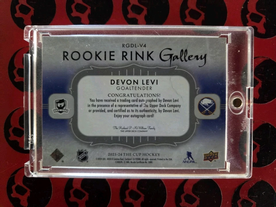 2023-24 Devon Levi The Cup /25 Rookie Auto #RGDL-V4 Buffalo Sabres RC Upper Deck - Image 2 of 2