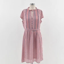 Modcloth Striped Midi Dress Womens Size L Ruffle Nautical Retro Red Blue Button