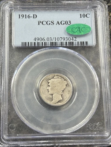 1916-D AG3 CAC PCGS Mercury Dime Key Date Rare Sticker Original