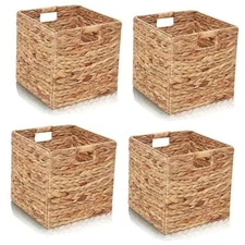 Storage Baskets 4 Pcs Water Hyacinth Cube 11.2x11.2inch Storage Bins,Foldable 
