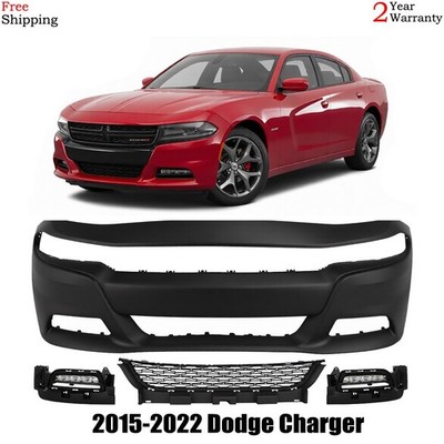 Front Bumper Cover Primed Plastic & Fog Lights Kit For 2015-2022 Dodge Charger
