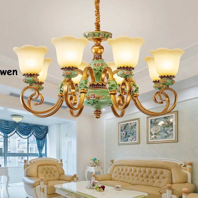 Villa Living Room Chandelier Luxury Resin Pendant Lamp Retro Glass Ceiling Light - Image 2 of 4