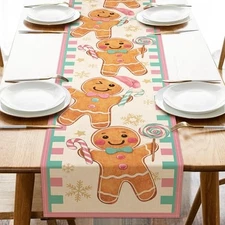  Christmas Gingerbread Man Table Runner, Pink Xmas Holiday Peppermint Candy 