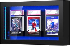 Graded Trading Card Display Case 3 LED Light Sport Baseball PSA Slabs Wood Frame