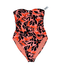 New Old Navy Women s One-piece Swimsuit Coral Black Tropical Leaf Print Sz L