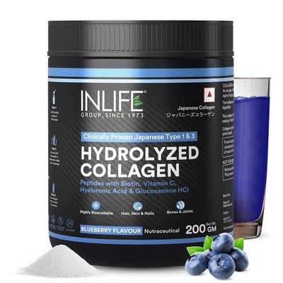 INLIFE Japanese Collagen Powder Biotin & Hyaluronic Acid (Blueberry, 200g)