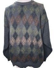 Grandpacore Preppy Argyle Wool Blend Sweater Gray Green Brown Vintage Men L