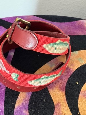 Tucker Blair Needepoint Belt Fly Fishing Fish Leather Trim Sz 34