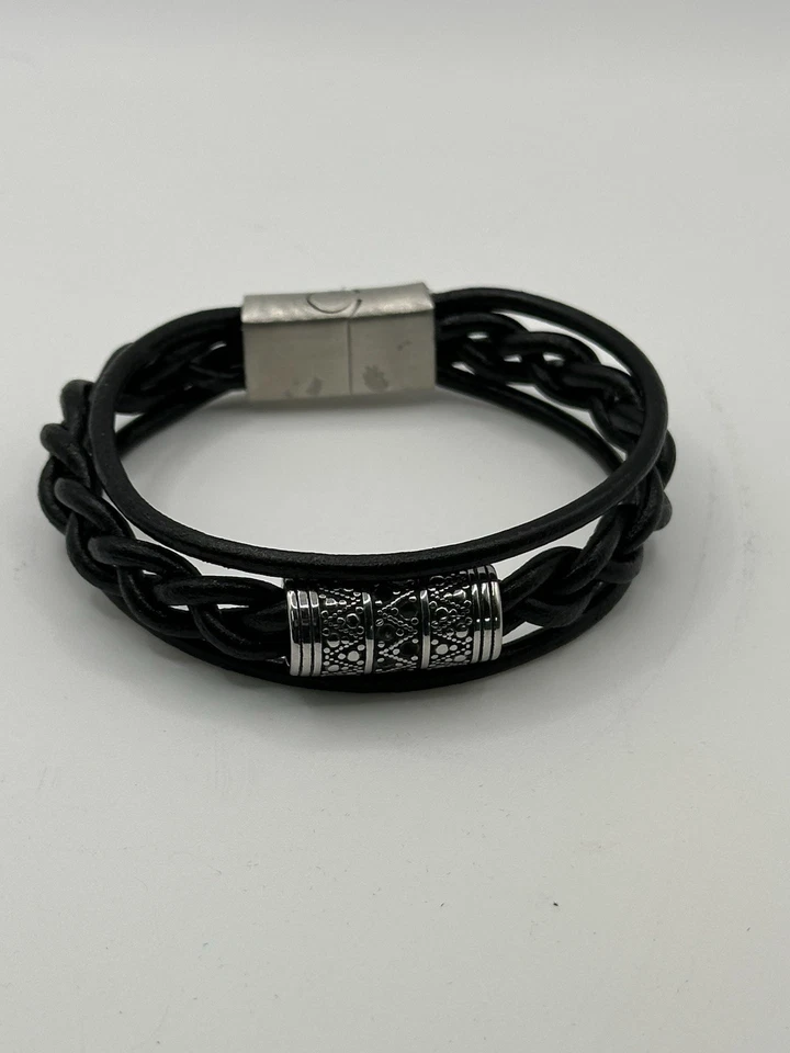 Hombres Mujeres Tres Hilos Cuero Con Cierre Deslizante de Metal Pulsera 8 Pulgadas Foto 3 de 3