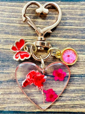 Red Pink Flower Butterfly Gold Heart Swivel Key Chain Backpack Tag Purse Charms
