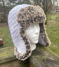New Handmade Crochet Trapper Style Fur Trim Hat