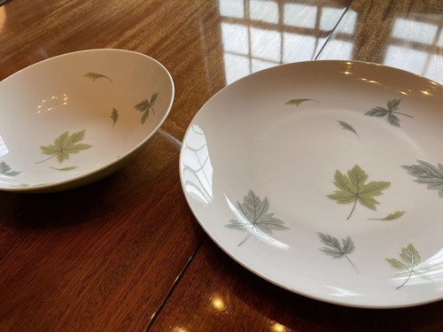 2pc MIKASA Elite WINDFALL White & Green Blowing Leaves Serving Bowl & Plate SET - Picture 3 of 10