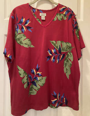 Classic Elements Size 20/22 Magenta Floral T-Shirt S/S Lace Trim V-Neck Cotton