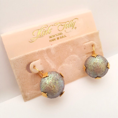 Vintage Kirks Folly Moon Dust Earrings Iridescent  Druzy Effect Gold Tone New