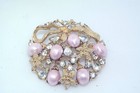 Vtg Designer Signed Star Pink Faux Pearl Crystal Flower Bow 2" Dome Pin Brooch