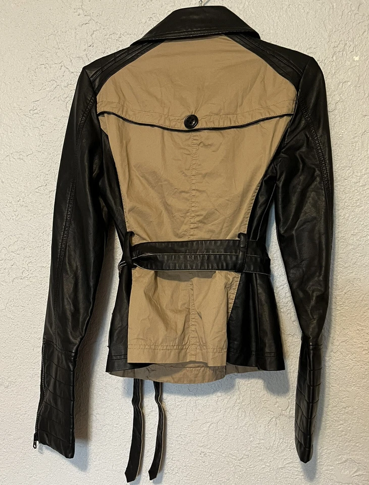 ANA Moto Chaqueta Abrigo Mujer Talla M Marrón Tostado con Negro Imitación Cuero Brazos Cinturón Foto 4 de 4